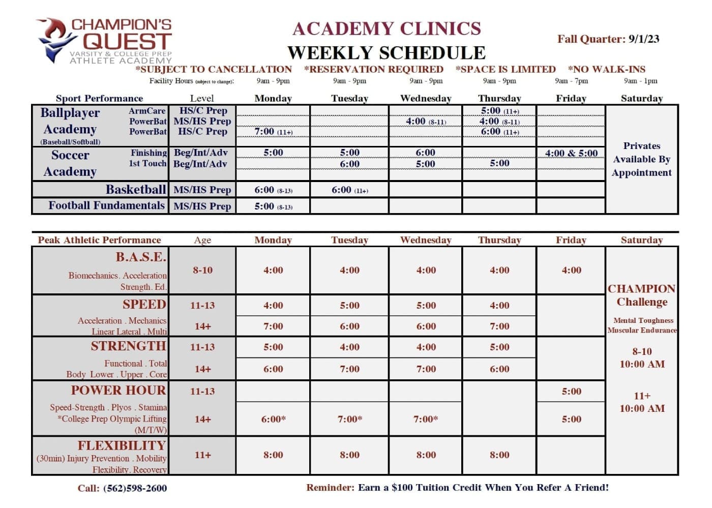 Clinic Schedule and Descriptions - Champion's Quest